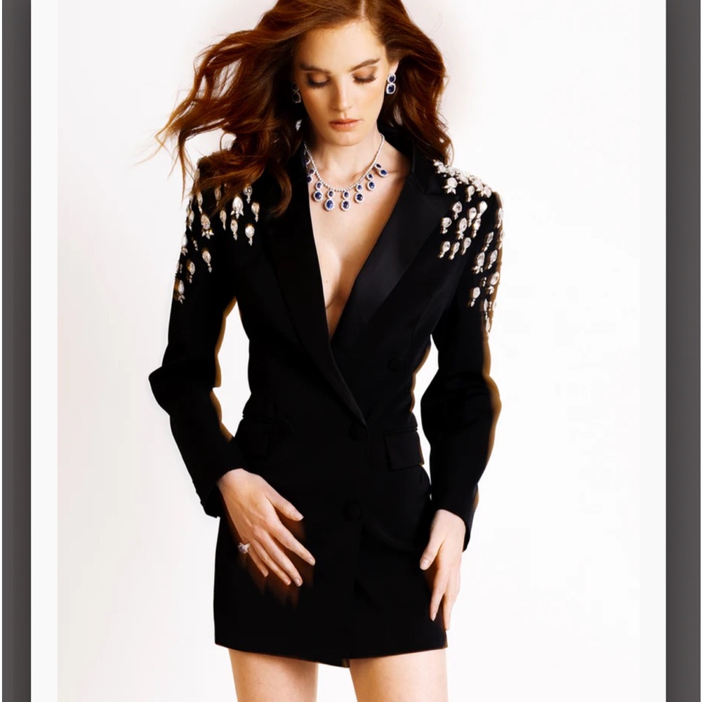 MESSA Beaded Cady Sequin Mini Blazer dress
